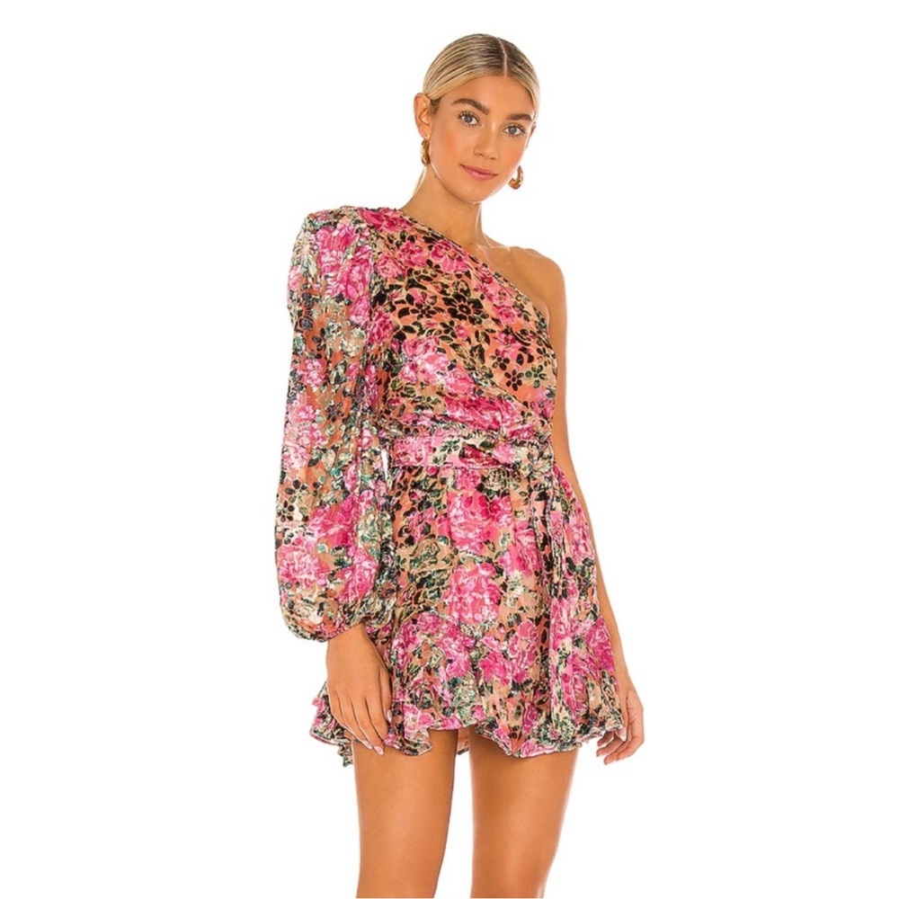 HEMANT & NANDITA Kilim Mini Dress in Pink Floral Velvet One Shoulder Sz Small